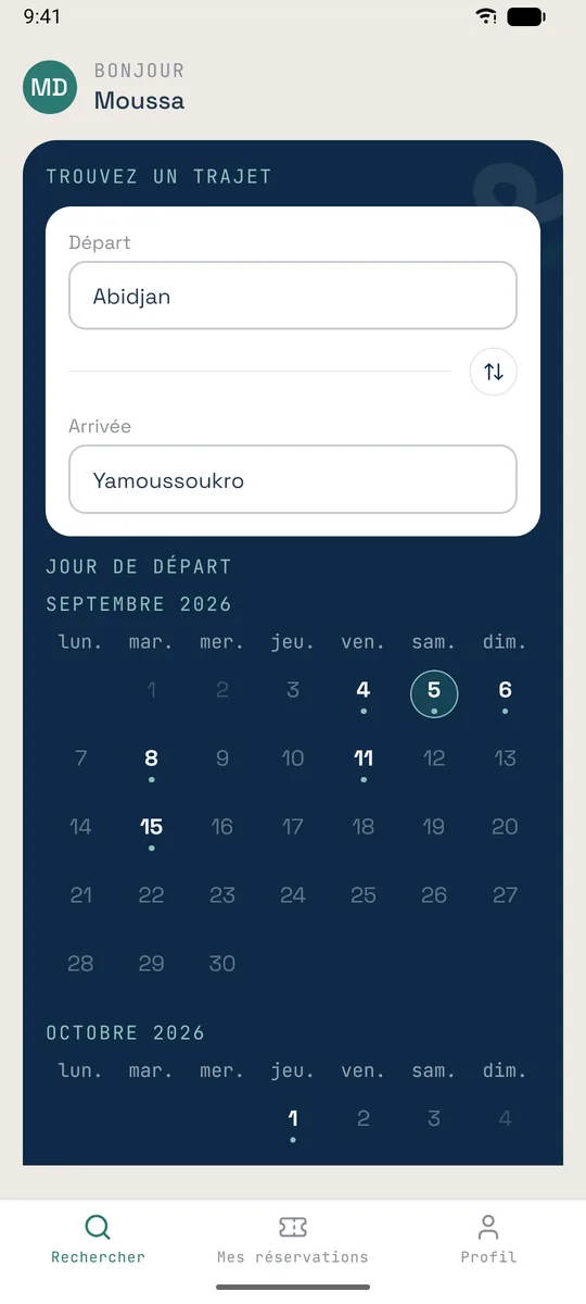 Recherche Abidjan → Yamoussoukro avec le calendrier des départs