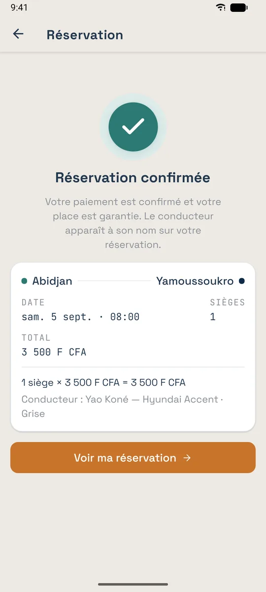 Écran « Réservation confirmée » avec le récapitulatif du trajet et le nom du conducteur