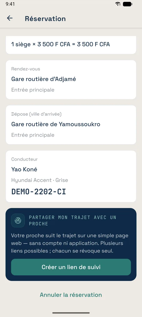 Réservation confirmée avec la plaque du véhicule et le panneau « Partager mon trajet avec un proche »